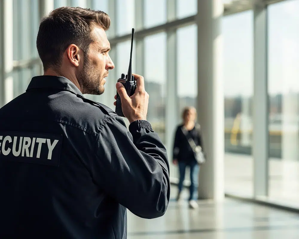 Agent de sécurité utilisant une radio dans un bâtiment.