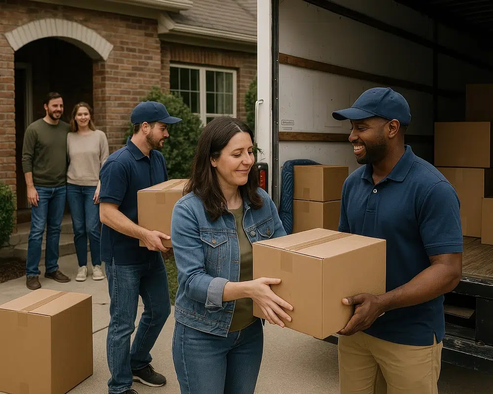 Déménagement efficace et rapide | ON TIME GROUPE Personnes déménageant des cartons avec des déménageurs.