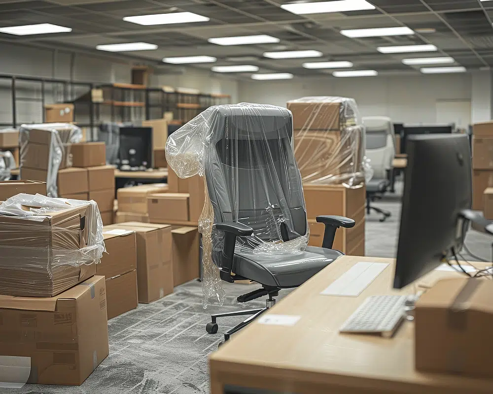 Nouveau bureau en préparation | ON TIME GROUPE Bureau avec chaises et cartons emballés.