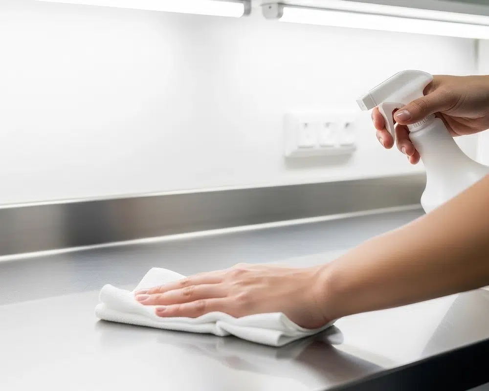 Nettoyage de surface en acier inoxydable | ON TIME GROUPE Personne nettoyant une surface en acier inoxydable