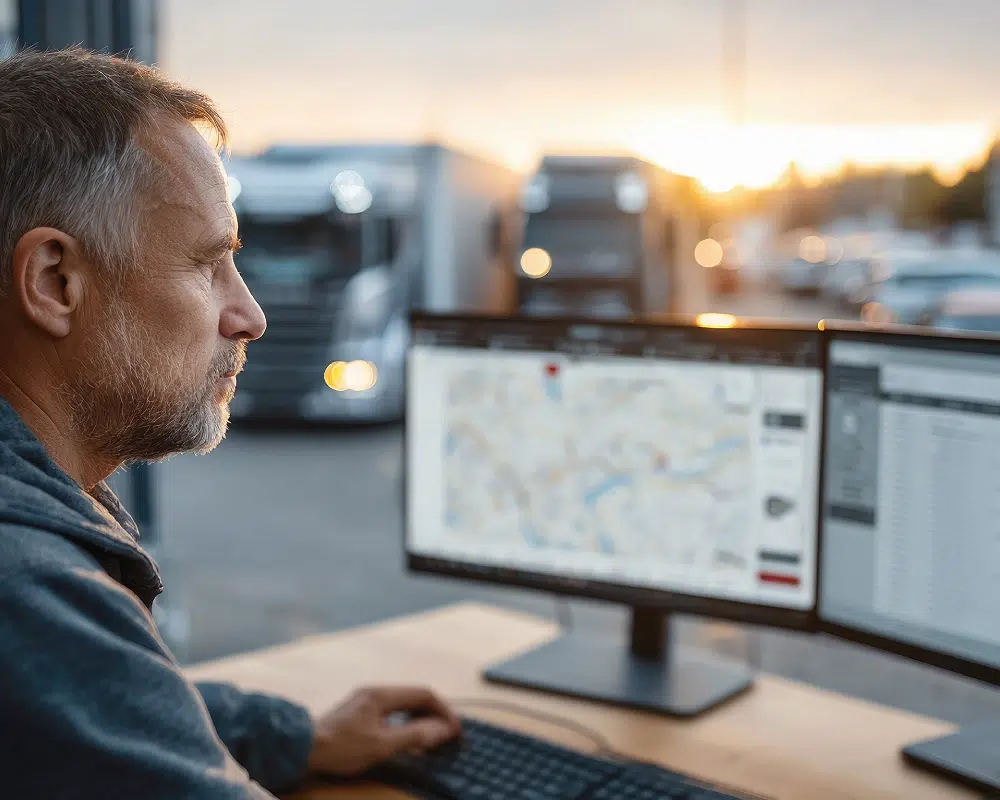 Gestion de flotte de camions | ON TIME GROUPE Homme surveillant des camions sur écran d'ordinateur.