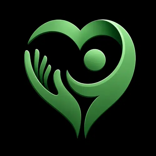 Logo vert en forme de cœur avec une main et une silhouette